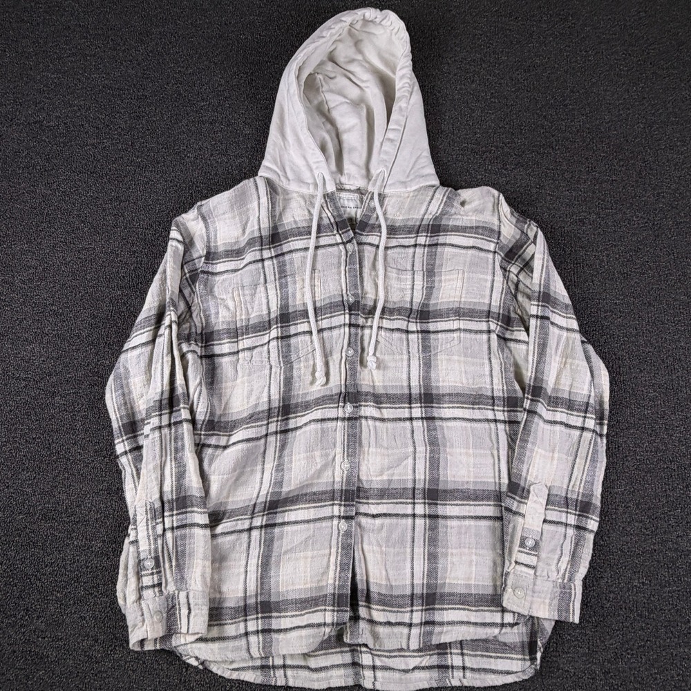 American Eagle Hooded Flannel Shirt Womens S Gray White Plaid Button Down EUC